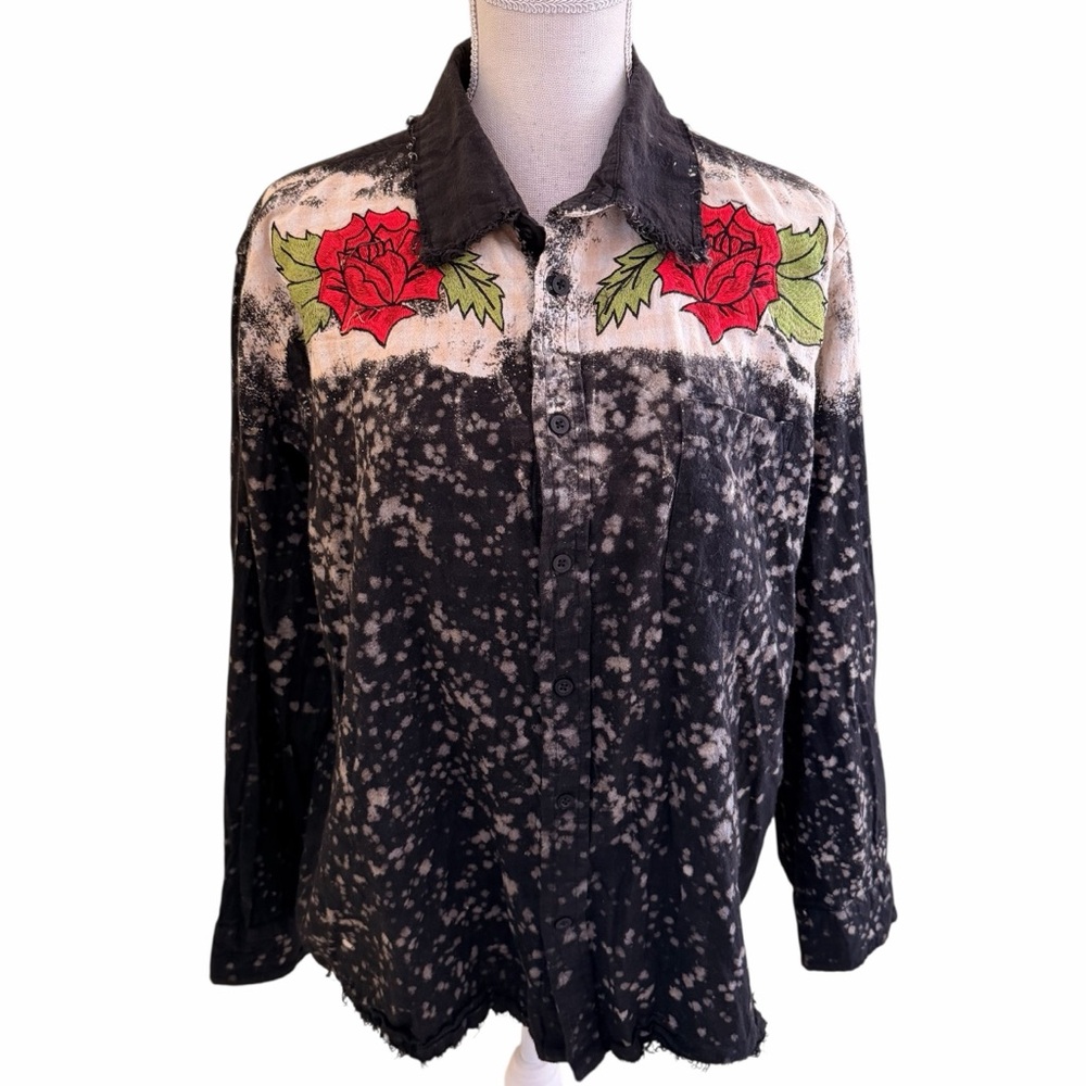 A Rare Bird "Smell the Roses" Distressed Black Flannel Shirt Rose Embroidery - Picture 2 of 12